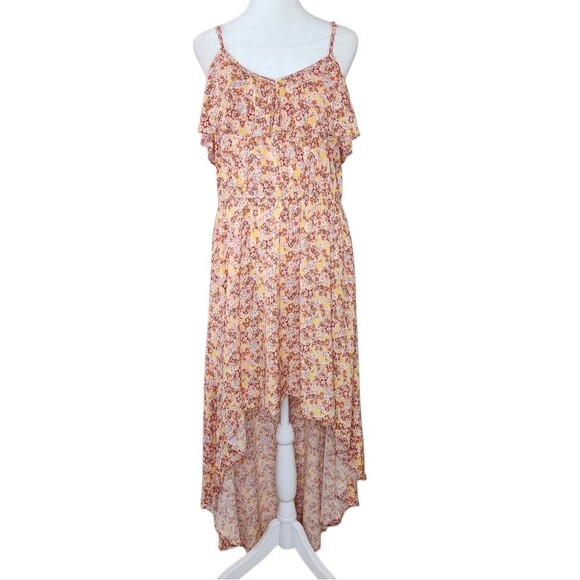 As U Wish Hi Low Cold Shoulder Tank Dress Ruffle Top Yellow Floral Large NWT - Picture 1 of 14
